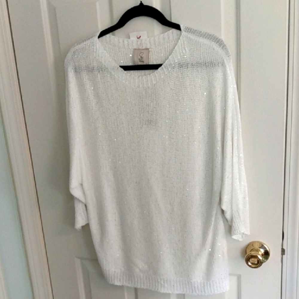 Sioni White Crew Neck Sweater with Dolman Sleeves
